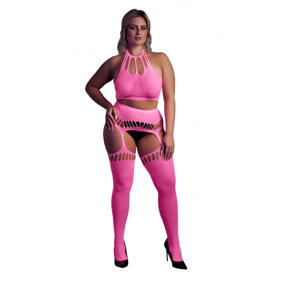 Ensemble Bustier Dos nu et Porte-Jarretelles 2 Pièces Rose Fluo