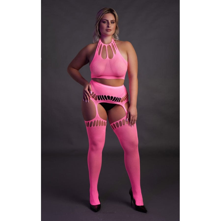 Ensemble Bustier Dos nu et Porte-Jarretelles 2 Pièces Rose Fluo