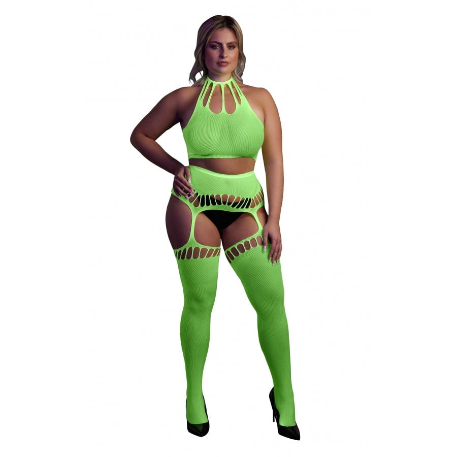 Ensemble Bustier Dos nu et Porte-Jarretelles 2 Pièces Vert Fluo