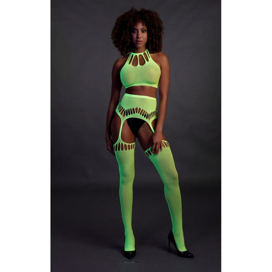 Ensemble Bustier Dos nu et Porte-Jarretelles 2 Pièces Vert Fluo