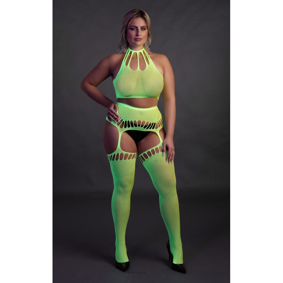 Ensemble Bustier Dos nu et Porte-Jarretelles 2 Pièces Vert Fluo