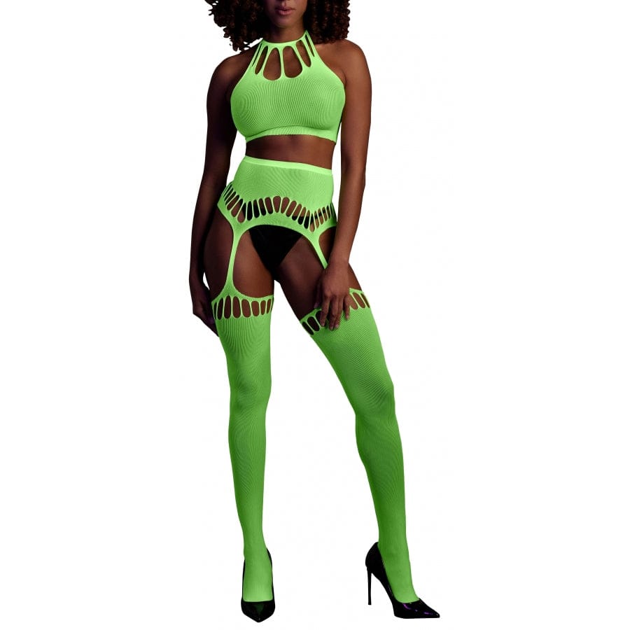 Ensemble Bustier Dos nu et Porte-Jarretelles 2 Pièces Vert Fluo