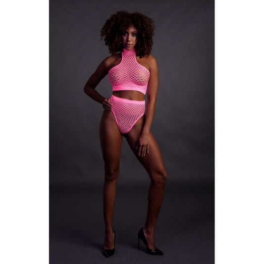 Ensemble Bustier et Culotte Filet Rose Fluo