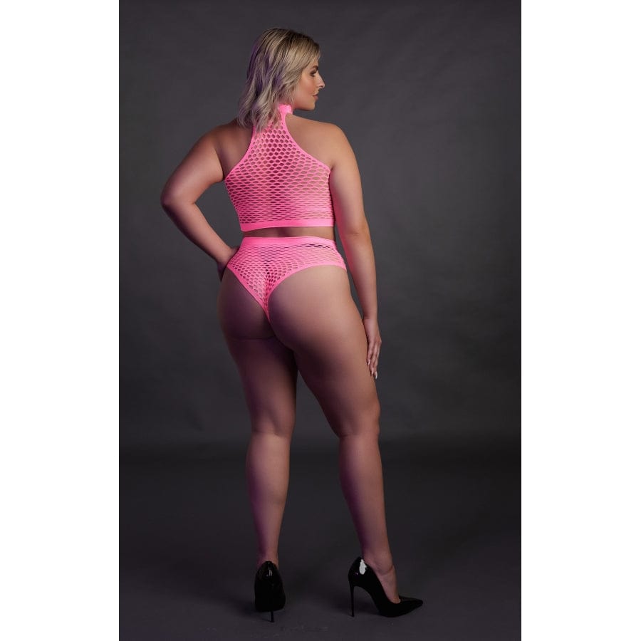 Ensemble Bustier et Culotte Filet Rose Fluo