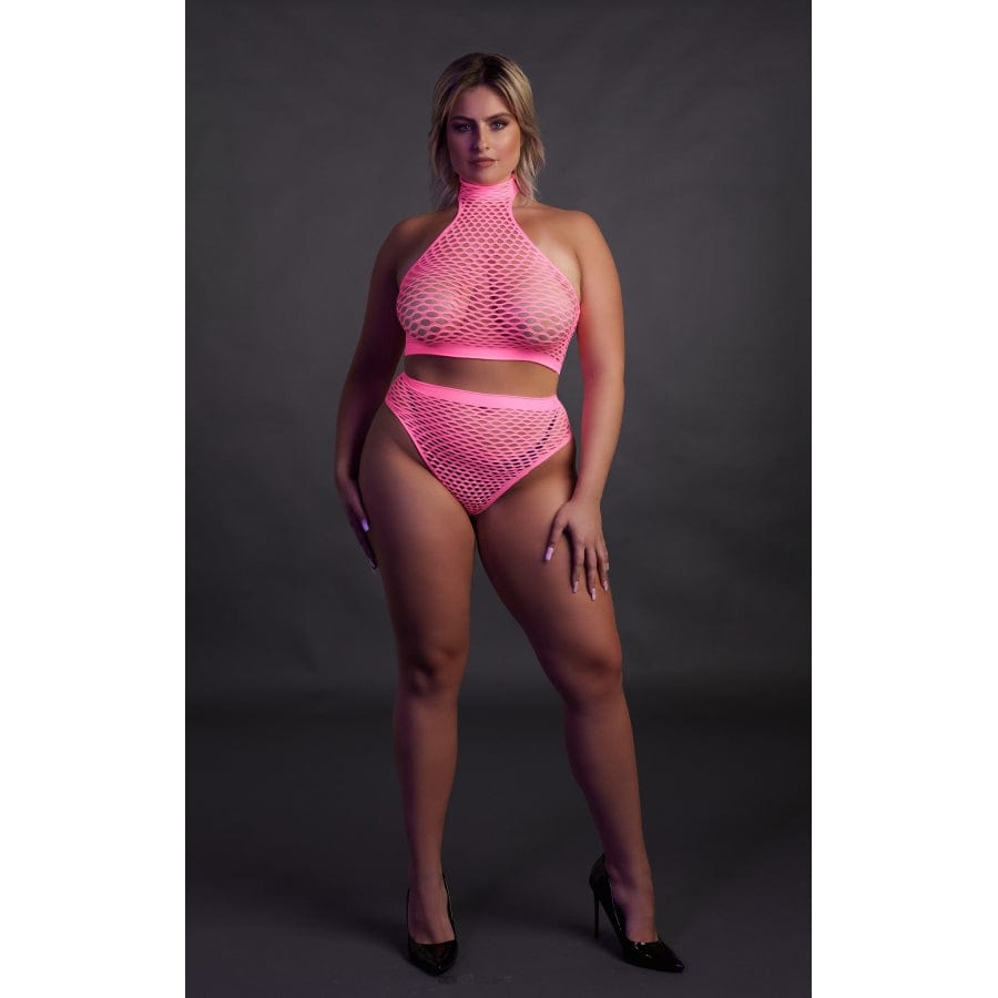 Ensemble Bustier et Culotte Filet Rose Fluo