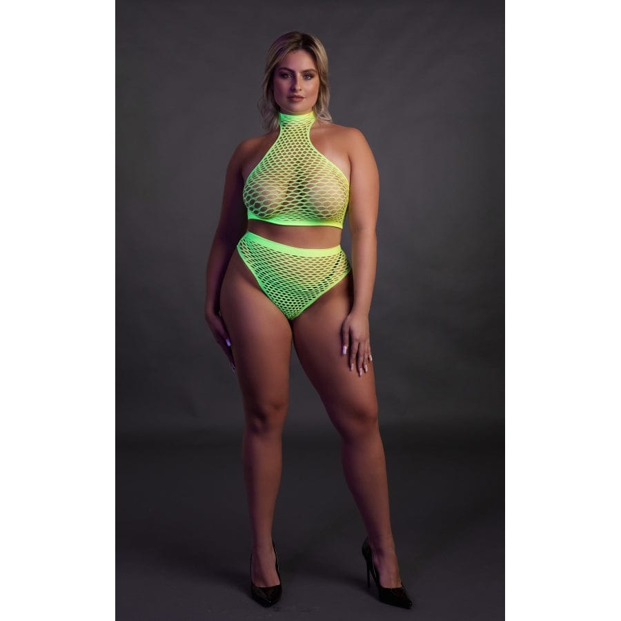 Ensemble Bustier et Culotte Filet Vert Fluo