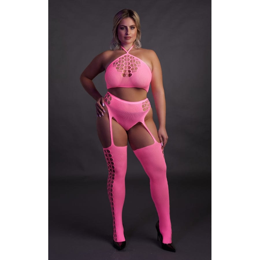 Ensemble Bustier et Porte-Jarretelles 2 Pièces Rose Fluo