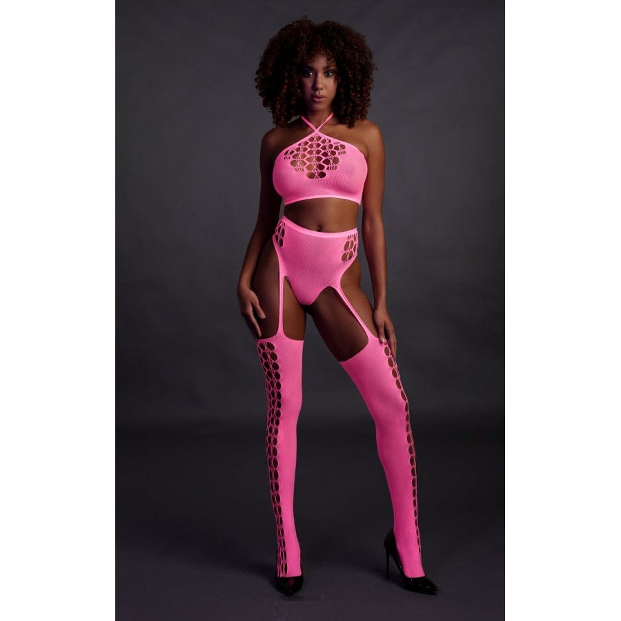 Ensemble Bustier et Porte-Jarretelles 2 Pièces Rose Fluo