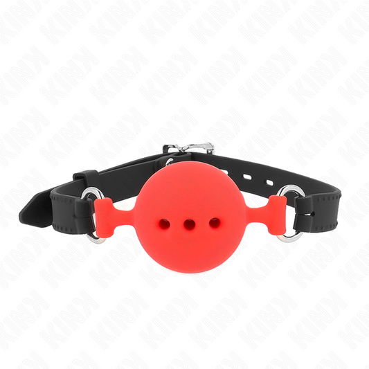 KINK - BÂILLON ENTIÈREMENT SILICONE 55 x 2 CM AVEC BOULE DE 5 CM TAILLE L ROUGE AJUSTABLE 35-51 CM